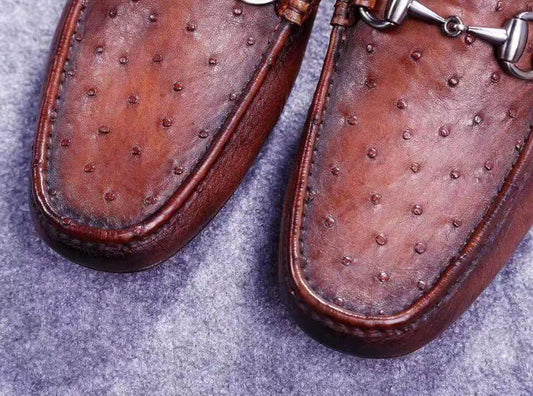 Crocodile Shoes Genuine Ostrich Leather Men's Moc Toe Bit Loafer Retro Brown