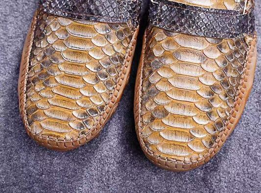 Crocodile Shoes Genuine Python Leather Men's Beige Slip-On Loafer Shoes