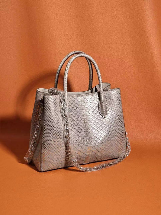 Genuine Python Leather Top Handle Tote Shoulder Bags Large Gold