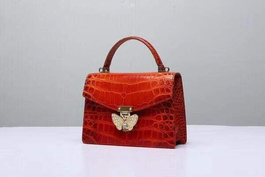 Genuine Crocodile Leather Top Handle Cross Body Bag Vintage Red