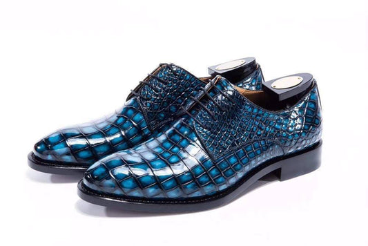 Crocodile Shoes Goodyear Welted Handmade Men Crocodile Leather Lace-Up Shoes,Teal Blue Mens Dress shoes