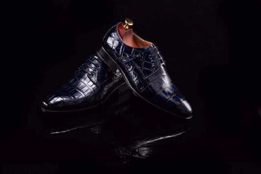 Preorder Lace-Up Shoes In Dark Blue Crocodile Skin Leather