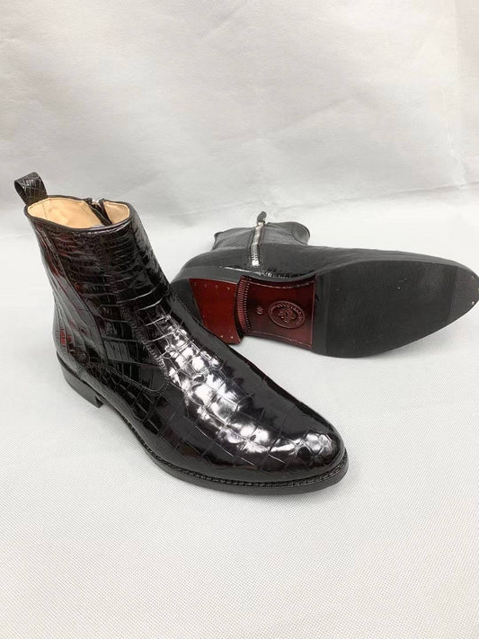 Crocodile Shoes Men Black Ankle Crocodile Leather Boot, Men Side Zipper Boot, Men Crocodile Leather Boots