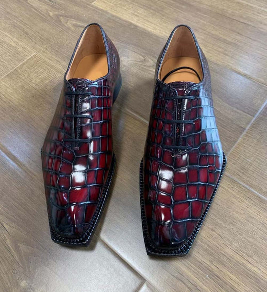 Crocodile Shoes Men's Crocodile Leather Brushed Wine Red Business Dress Lace Up Shoes