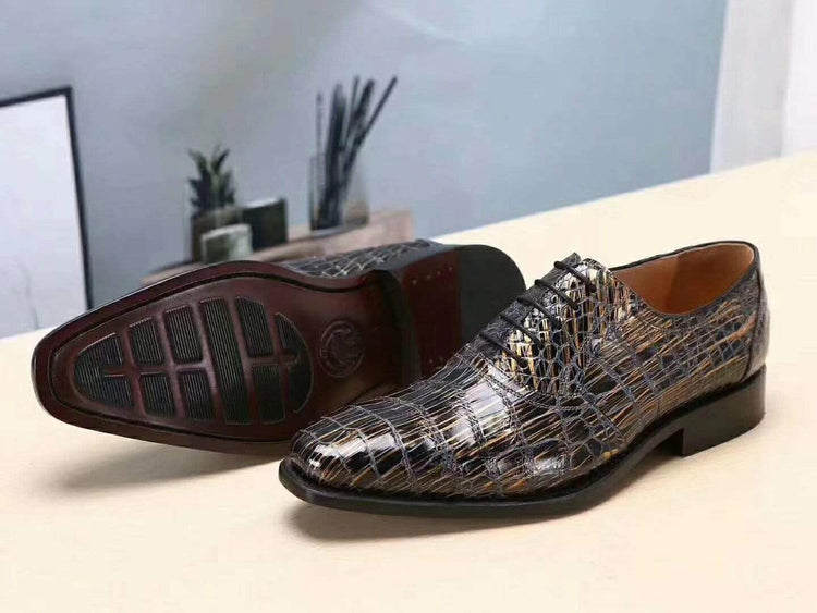 Crocodile Shoes Men s Crocodile Leather Gold burnishes Lace-Up Shoes ,Goodyear Sole