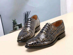 Crocodile Shoes Men s Crocodile Leather Gold burnishes Lace-Up Shoes ,Goodyear Sole