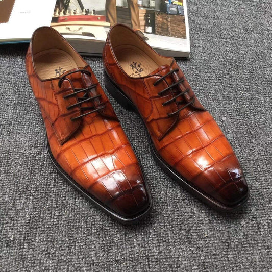 Crocodile Shoes Men s Crocodile Leather Hand-Painted Lace-Up Shoes ,Goodyear Sole