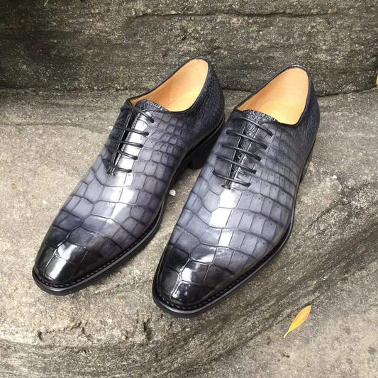 Crocodile Shoes Men s Crocodile Leather Shoes Grey Lace-Up Shoes ,Goodyear Sole