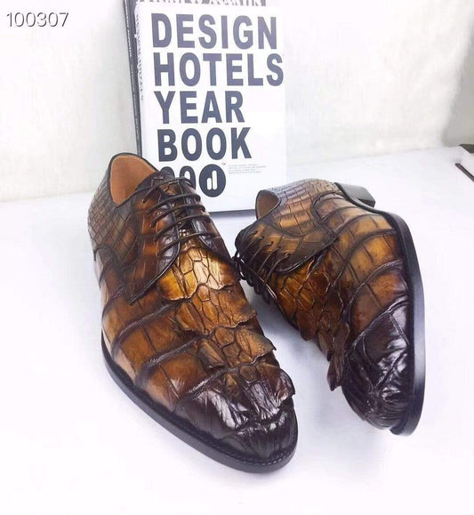 Crocodile Shoes Mens Dress Shoes, Modern Classic Round -Pointed toe crocodile bone leather Lace-up Casual Business Shoes