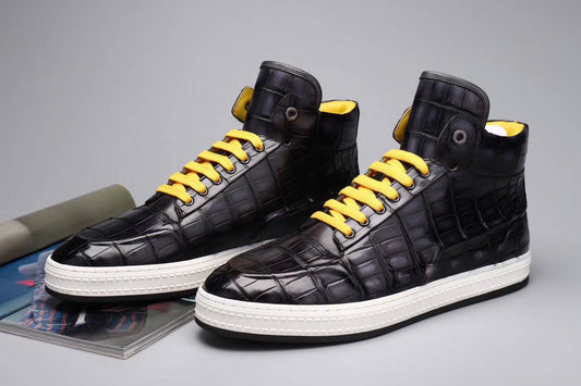 Crocodile Shoes Men's Sneakers , Genuine Crocodile Skin Leather High Heel Sneakers Grey,Brown