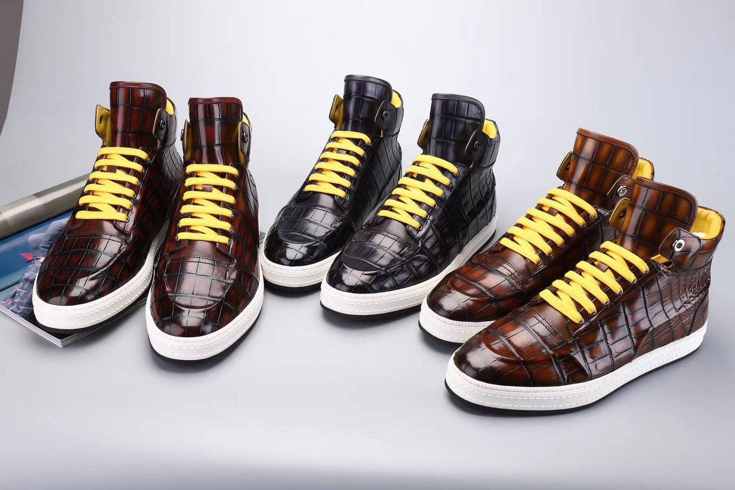 Crocodile Shoes Men's Sneakers , Genuine Crocodile Skin Leather High Heel Sneakers Grey,Brown