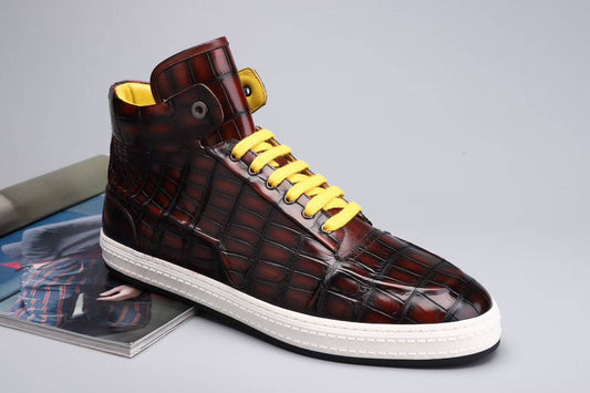 Crocodile Shoes Men's Sneakers , Genuine Crocodile Skin Leather High Heel Sneakers Wine Red
