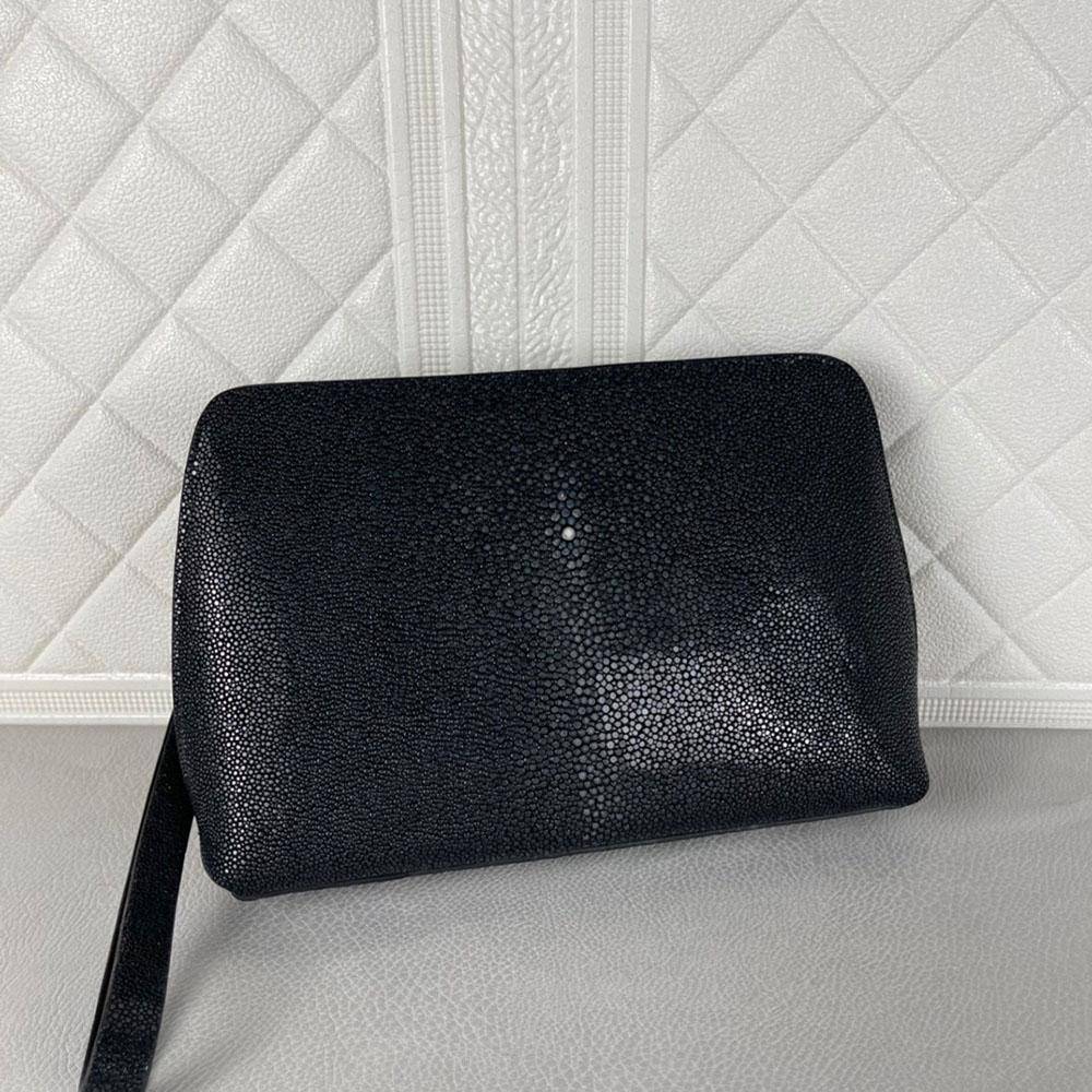 Men'sPearl Stingray Leather Business Zip Wallet With Wrist Strap Clutch Bag Large