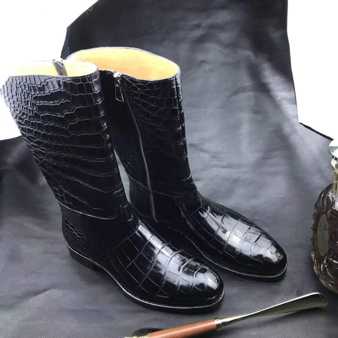 Preorder Mens Boots,Crocodile Boots,Genuine Crocodile Leather Long Side Zip Boots Black