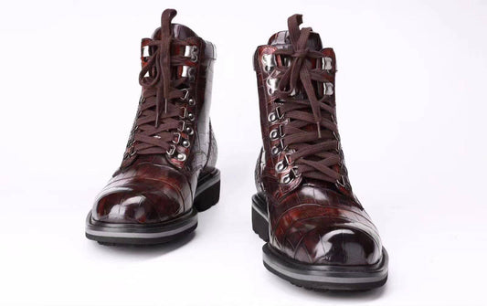 Crocodile Shoes Mens Boots Genuine Crocodile Leather High-top Lace Up Anti-Slip Boot Vintage Wine Red