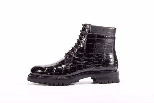 Crocodile Shoes Mens Boots Genuine Crocodile Skin Leather High-top Lace Up Anti-Slip Boot Black