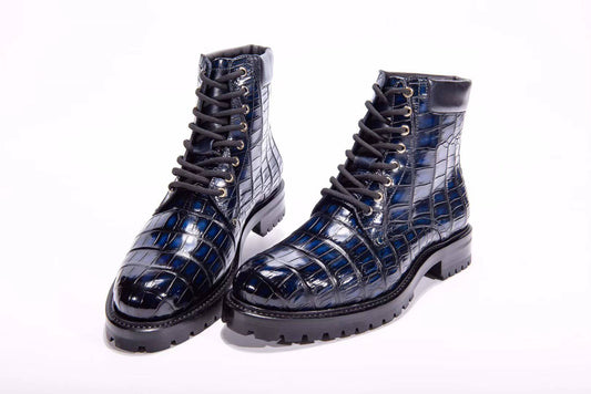 Crocodile Shoes Mens Boots Genuine Crocodile Skin Leather High-top Lace Up Anti-Slip Boot Vintage Blue