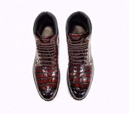 Crocodile Shoes Mens Boots Genuine Crocodile Skin Leather High-top Lace Up Anti-Slip Boot Wine Red