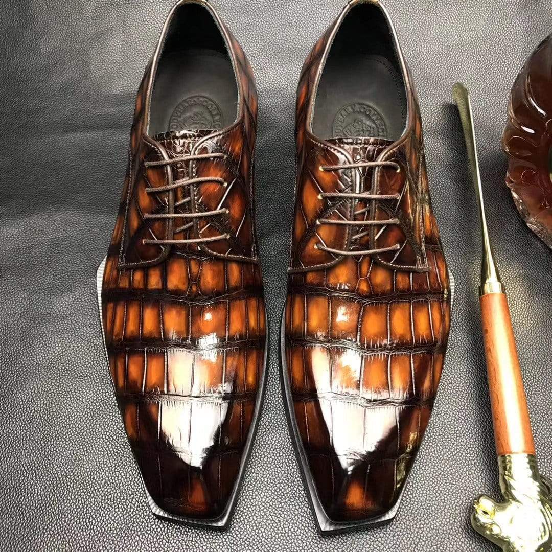 Crocodile Shoes Mens Brushed Vintage Brown Color Square Toe Lace Up Genuine Crocodile Leather Dress Shoe | Rossie Viren Crocodile Shoes Mens Brushed Vintage Brown Color Square Toe Lace Up Genuine Crocodile Leather Dress Shoe | Rossie Viren
