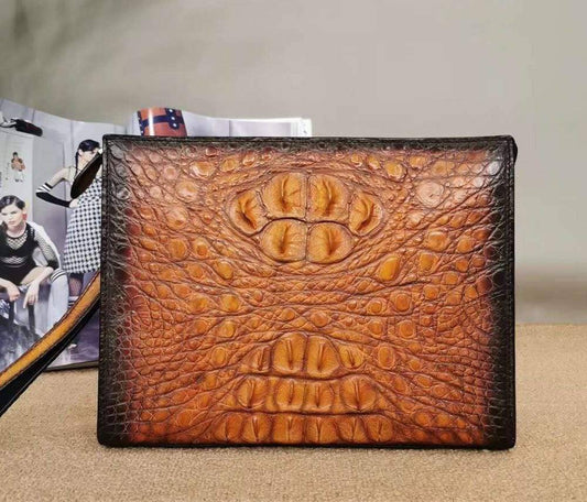 Mens Classic Vintage Genuine Crocodile Leather Zip Clutch Bag