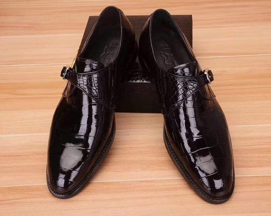 Crocodile Shoes Mens Crocodile Leather Black Monk Shoes Slip on Smart Loafer