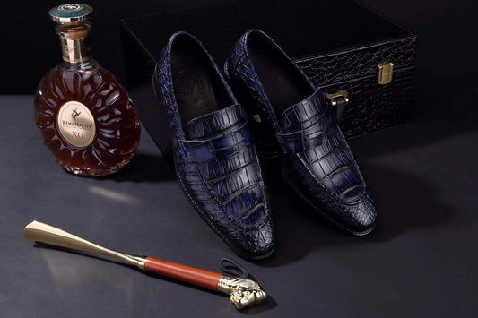 Crocodile Shoes Mens Crocodile Leather Penny Loafer Shoes Vintage Blue