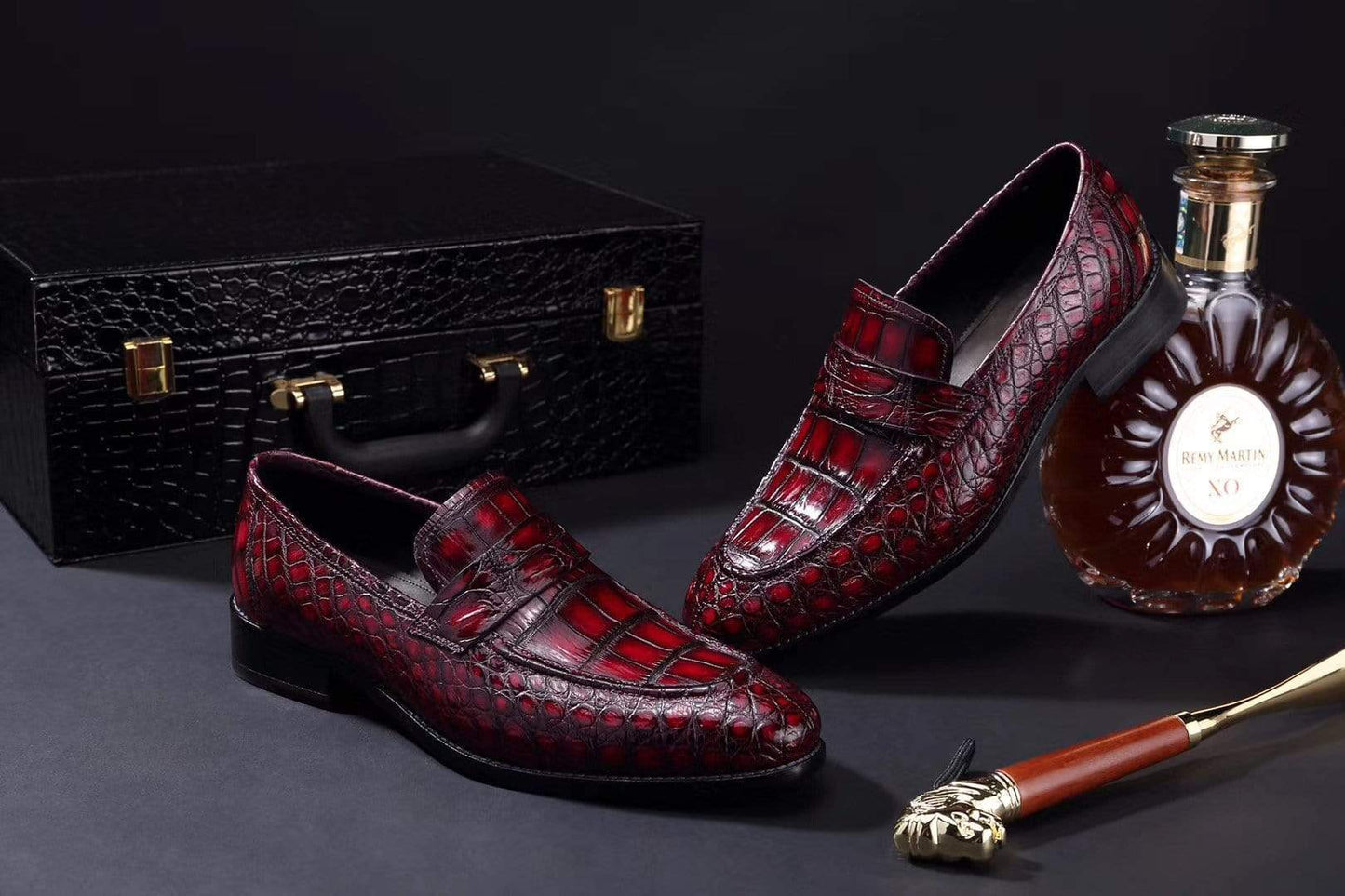 Crocodile Shoes Mens Crocodile Leather Penny Loafer Shoes Vintage Wine Red