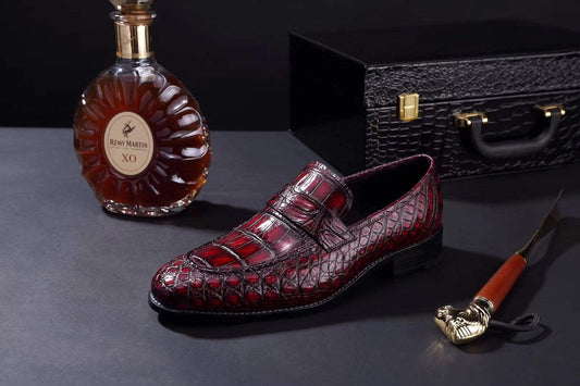Crocodile Shoes Mens Crocodile Leather Penny Loafer Shoes Vintage Wine Red