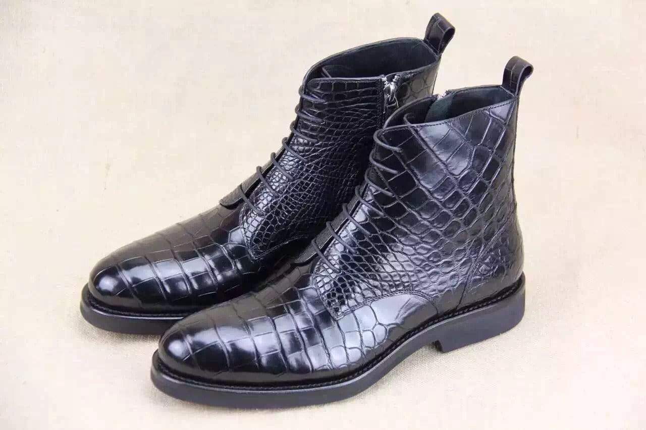 Crocodile Shoes Mens Crocodile Leather Side Zipper Lace Up Boots