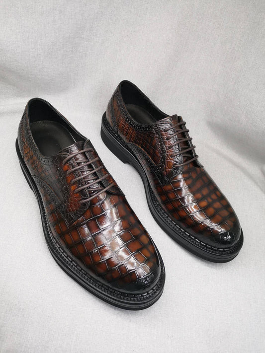 Crocodile Shoes Mens Genuine Crocodile Leather Derby Lace Up Dress Shoe Vintage Brown