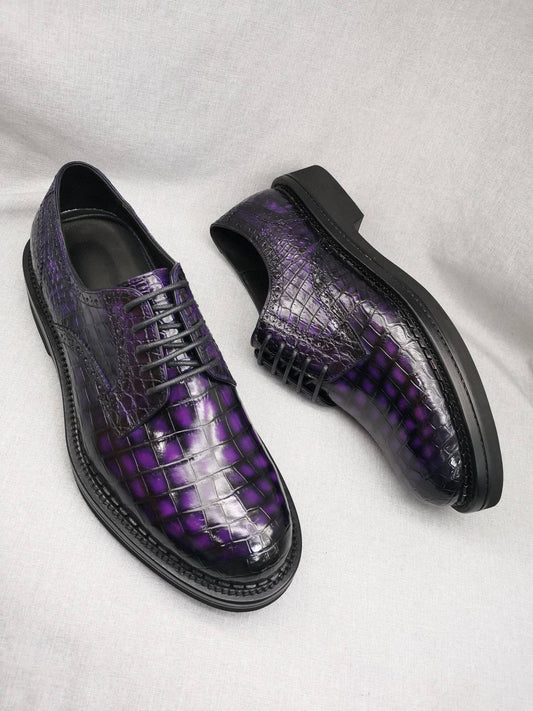 Crocodile Shoes Mens Genuine Crocodile Leather Derby Lace Up Dress Shoe Vintage Purple