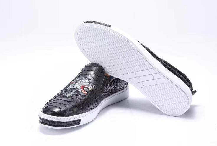 Crocodile Shoes Mens Python Leather With Grey Embroidery Tiger Driving Shoes Slip on Flats Walking Shoes
