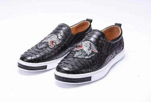 Crocodile Shoes Mens Python Leather With Grey Embroidery Tiger Driving Shoes Slip on Flats Walking Shoes
