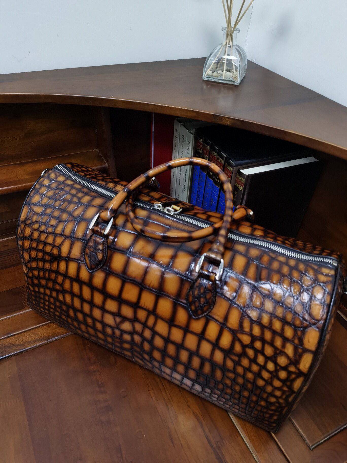 Preorder Men's Vintage Crocodile Leather Travel Duffel Holdall Bag