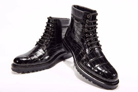 Preorder Mens Boots Genuine Crocodile Skin Leather High-top Lace Up Anti-Slip Boot Black