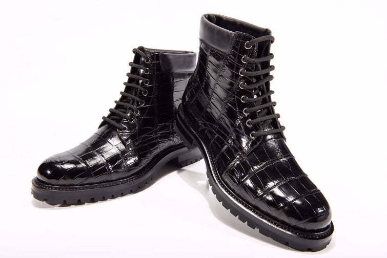 Preorder Mens Boots Genuine Crocodile Skin Leather High-top Lace Up Anti-Slip Boot Black
