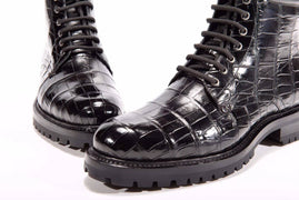 Preorder Mens Boots Genuine Crocodile Skin Leather High-top Lace Up Anti-Slip Boot Black