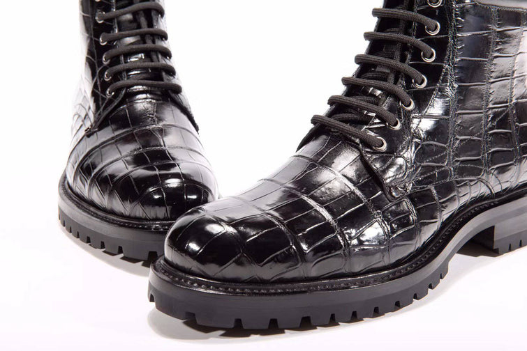 Preorder Mens Boots Genuine Crocodile Skin Leather High-top Lace Up Anti-Slip Boot Black
