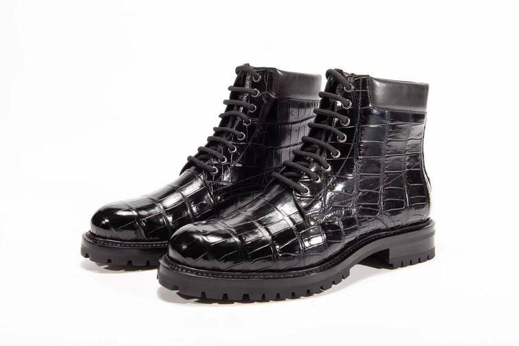 Preorder Mens Boots Genuine Crocodile Skin Leather High-top Lace Up Anti-Slip Boot Black