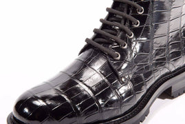 Preorder Mens Boots Genuine Crocodile Skin Leather High-top Lace Up Anti-Slip Boot Black