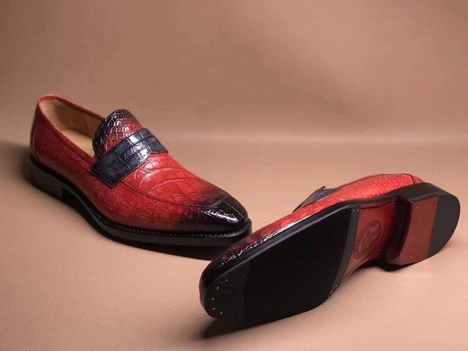 Crocodile Shoes Red Men's Crocodile Leather Loafers,Slip-Ons Diving Shoes, Penny Loafers Shoes