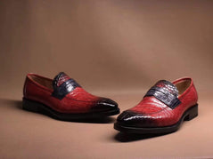 Crocodile Shoes Red Men's Crocodile Leather Loafers,Slip-Ons Diving Shoes, Penny Loafers Shoes