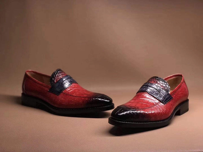 Crocodile Shoes Red Men's Crocodile Leather Loafers,Slip-Ons Diving Shoes, Penny Loafers Shoes