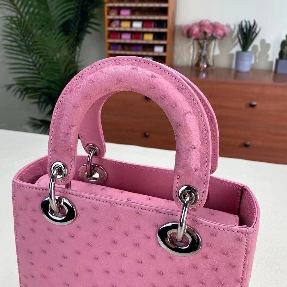 Small Genuine Ostrich Leather Top Handle Bag Pink