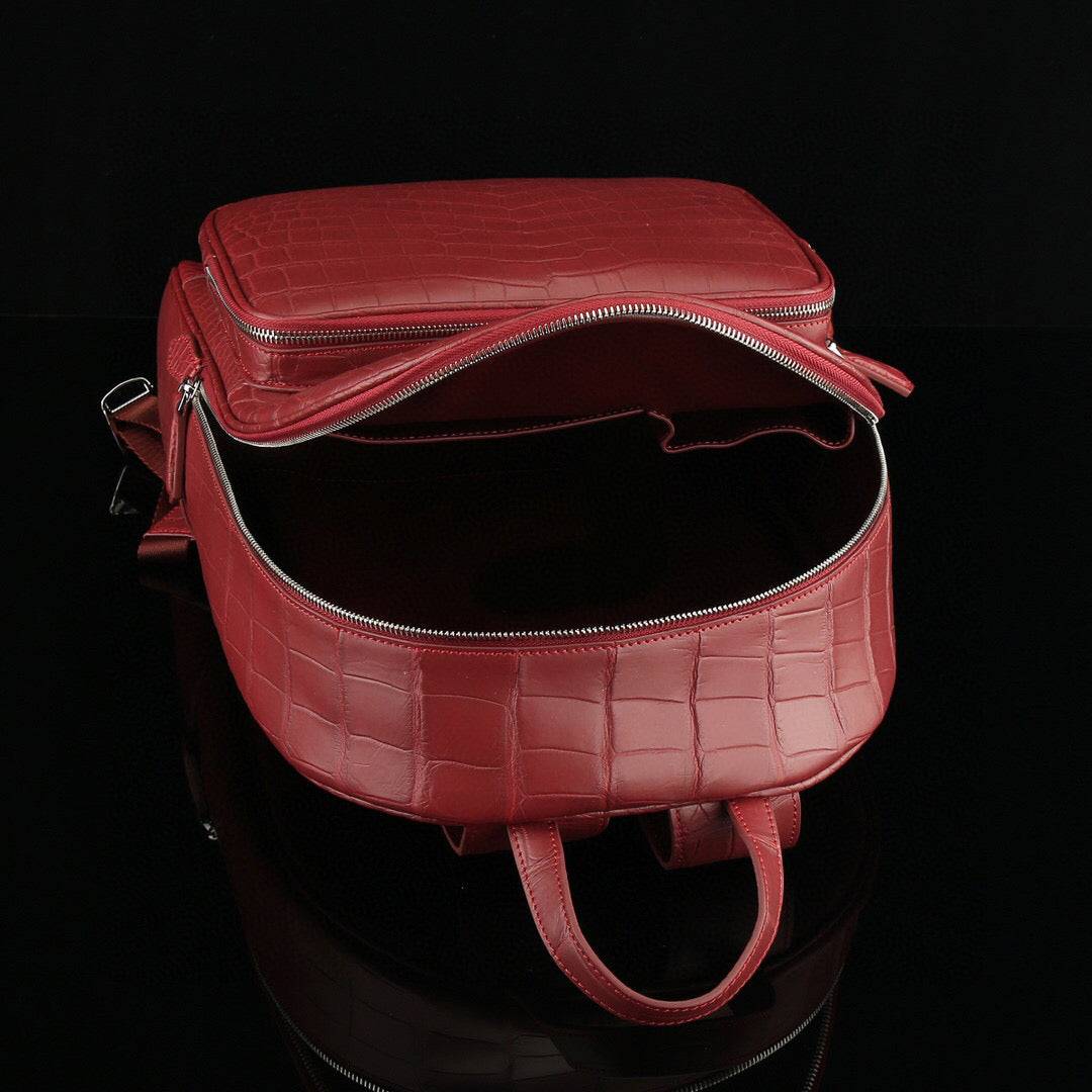 Unisex Genuine Crocodile Leather Backpack Wine Red