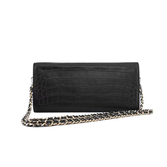 Women's Crocodile Leather Pouches Chain Pouchette Clutch Bags Black