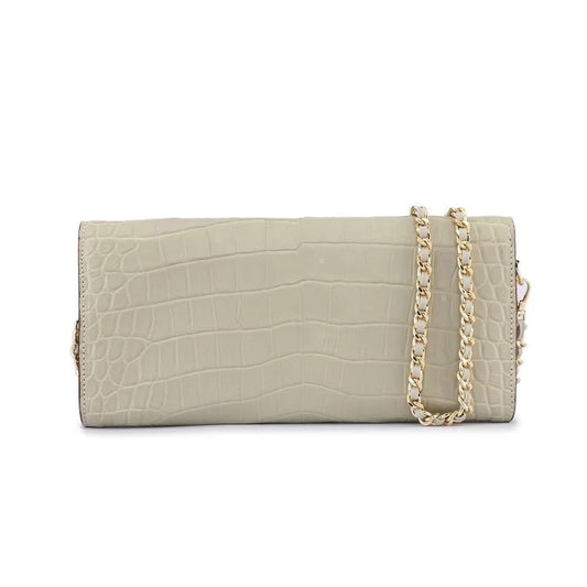 Women's Crocodile Leather Pouches Chain Pouchette Clutch Bags Cream