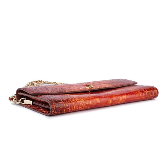 Women's Crocodile Leather Pouches Chain Pouchette Clutch Bags Orange