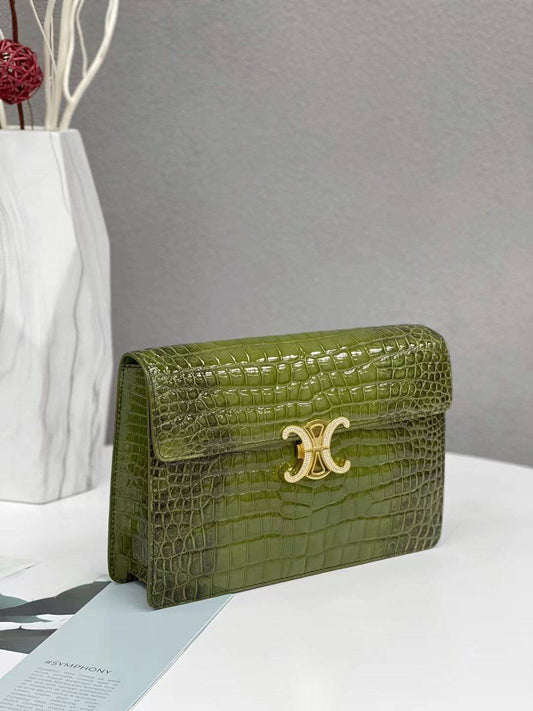 Women's High Glossy Beaded Crocodile Leather Top Handle Cross Body Bag Himalaya Green