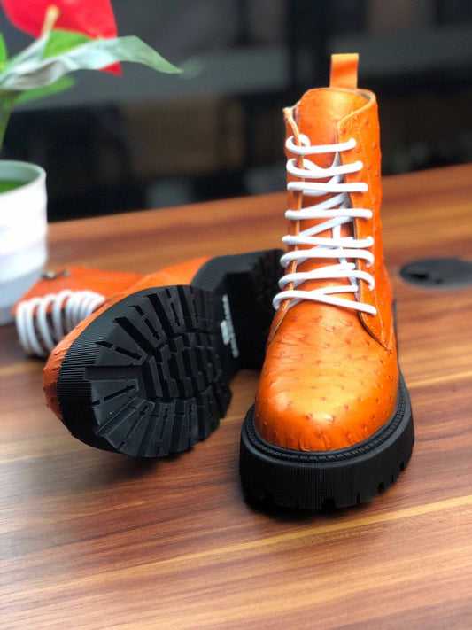 Crocodile Shoes Women's Ostrich Leather Parker Combat Boots Orange